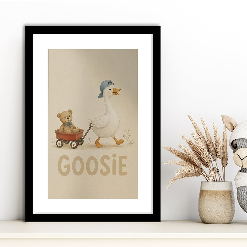 Personalized Mispronunciation Print, Goose Teddy Nursery, Pet Lover Art, Framed Art Print White Border