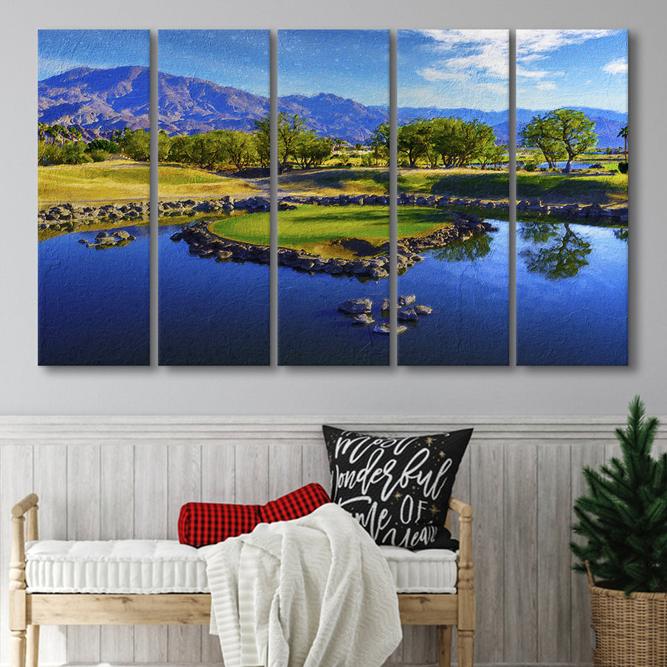 Pga West Stadium Course Painting, Hole 17At Califorlia, Golf Art Print, Extra Large 5 Panel, Canvas Prints Wall Art