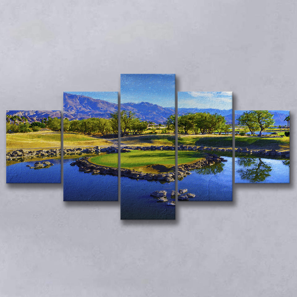 Pga West Stadium Course Painting, Hole 17At Califorlia, Golf Art Print, Mixed 5 Panel, Canvas Prints Wall Art