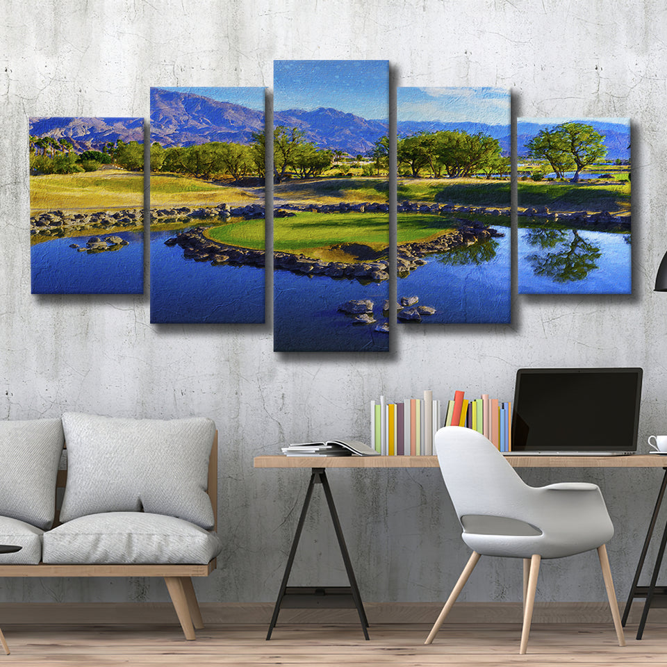 Pga West Stadium Course Painting, Hole 17At Califorlia, Golf Art Print, Mixed 5 Panel, Canvas Prints Wall Art