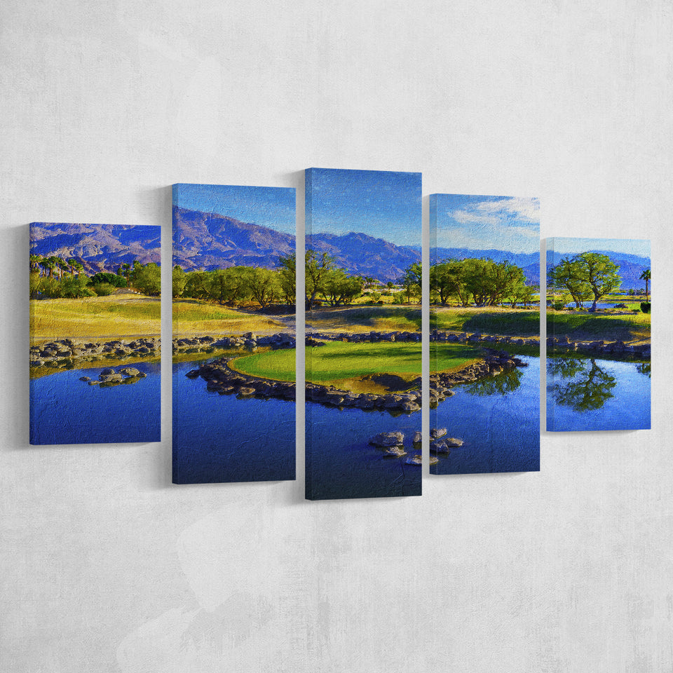 Pga West Stadium Course Painting, Hole 17At Califorlia, Golf Art Print, Mixed 5 Panel, Canvas Prints Wall Art