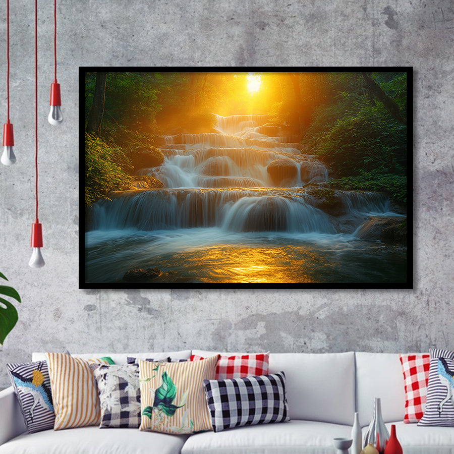Photography Waterfall In Sunrise Beautiful Scene, Painting Art, Framed Art Print Wall Art Home Decor