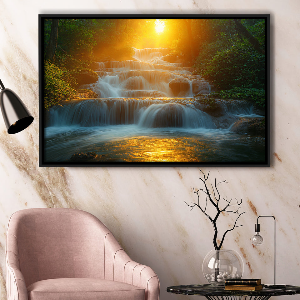 Photography Waterfall In Sunrise Beautiful Scene, Floating Frame, Framed Canvas Print Wall Art Home Decor