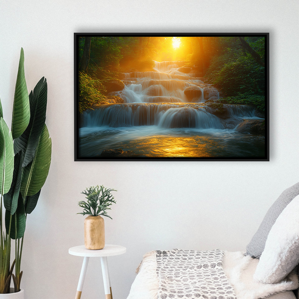 Photography Waterfall In Sunrise Beautiful Scene, Floating Frame, Framed Canvas Print Wall Art Home Decor