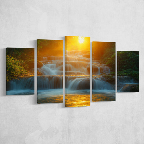 Photography Waterfall In Sunrise Beautiful Scene, Multi Panel,Mixed Canvas Print Wall Art Decor