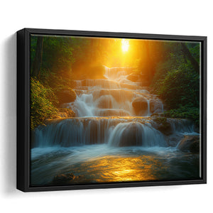 Photography Waterfall In Sunrise Beautiful Scene, Floating Frame, Framed Canvas Print Wall Art Home Decor