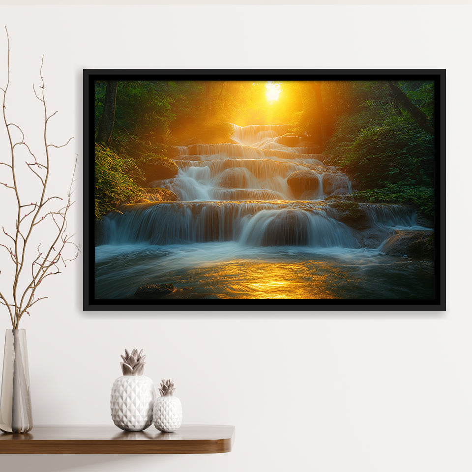 Photography Waterfall In Sunrise Beautiful Scene, Floating Frame, Framed Canvas Print Wall Art Home Decor