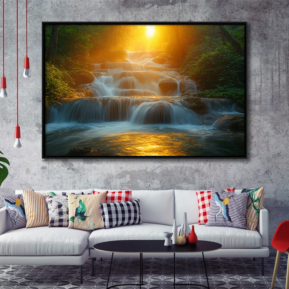 Photography Waterfall In Sunrise Beautiful Scene, Floating Frame, Framed Canvas Print Wall Art Home Decor