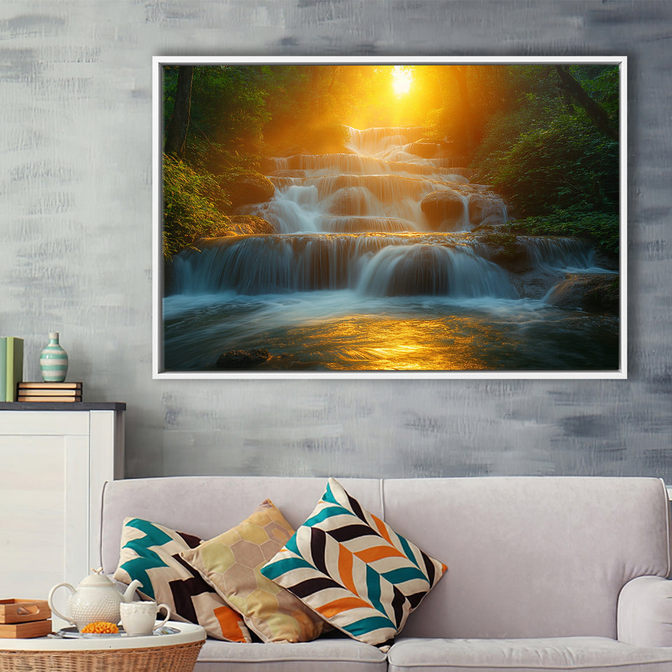 Photography Waterfall In Sunrise Beautiful Scene, Floating Frame, Framed Canvas Print Wall Art Home Decor