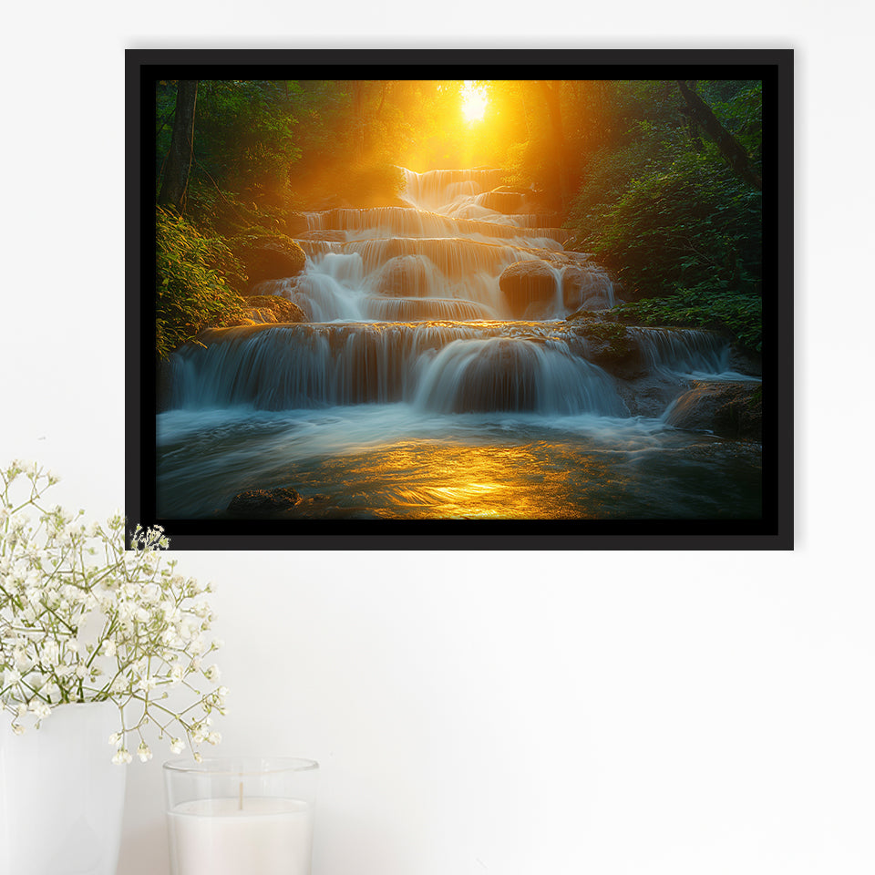 Photography Waterfall In Sunrise Beautiful Scene, Floating Frame, Framed Canvas Print Wall Art Home Decor