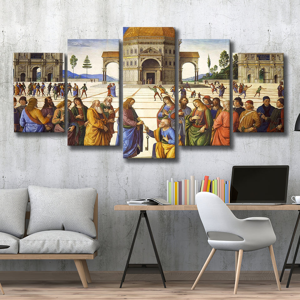 Pietro Perugino,Delivery Of The Keys Canvas Art, Multi Panel Canvas Print Wall Art Decor, 5 Mixed Panel