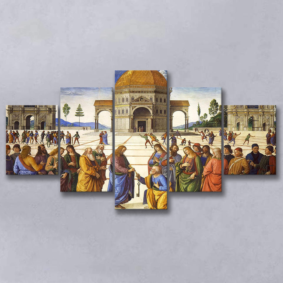 Pietro Perugino,Delivery Of The Keys Canvas Art, Multi Panel Canvas Print Wall Art Decor, 5 Mixed Panel