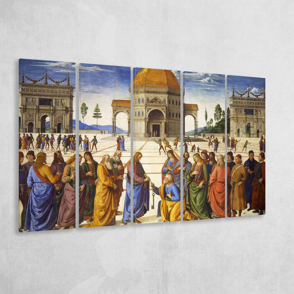 Pietro Perugino,Delivery Of The Keys Canvas Art, Extra Large Multi 5 Panel Canvas Print Wall Art Decor