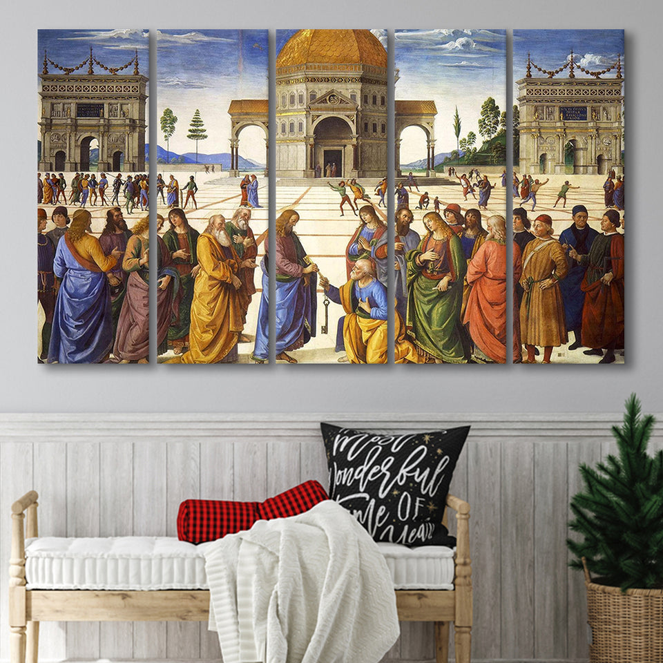 Pietro Perugino,Delivery Of The Keys Canvas Art, Extra Large Multi 5 Panel Canvas Print Wall Art Decor