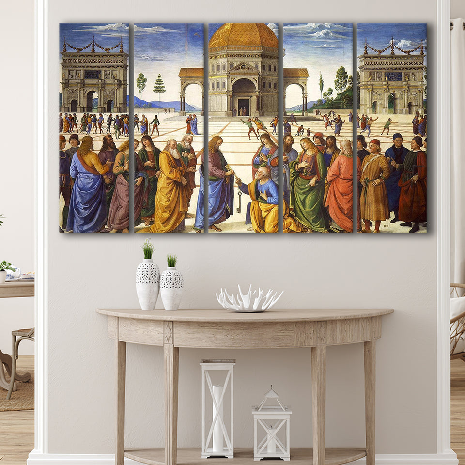 Pietro Perugino,Delivery Of The Keys Canvas Art, Extra Large Multi 5 Panel Canvas Print Wall Art Decor