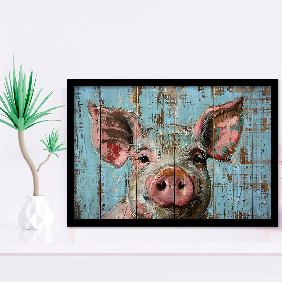 Pig Art Painted On Wood, Animal Art, Framed Art Print Wall Decor, Framed Picture
