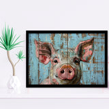 Pig Art Painted On Wood, Animal Art, Framed Art Print Wall Decor, Framed Picture