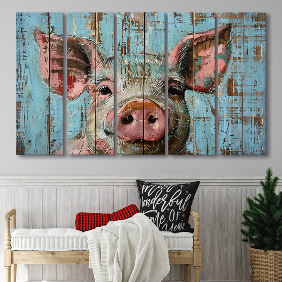 Pig Art Painted On Wood, Animal Art, Extra Large Multi 5 Panel Canvas Print Wall Art Decor