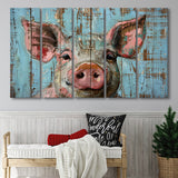 Pig Art Painted On Wood, Animal Art, Extra Large Multi 5 Panel Canvas Print Wall Art Decor