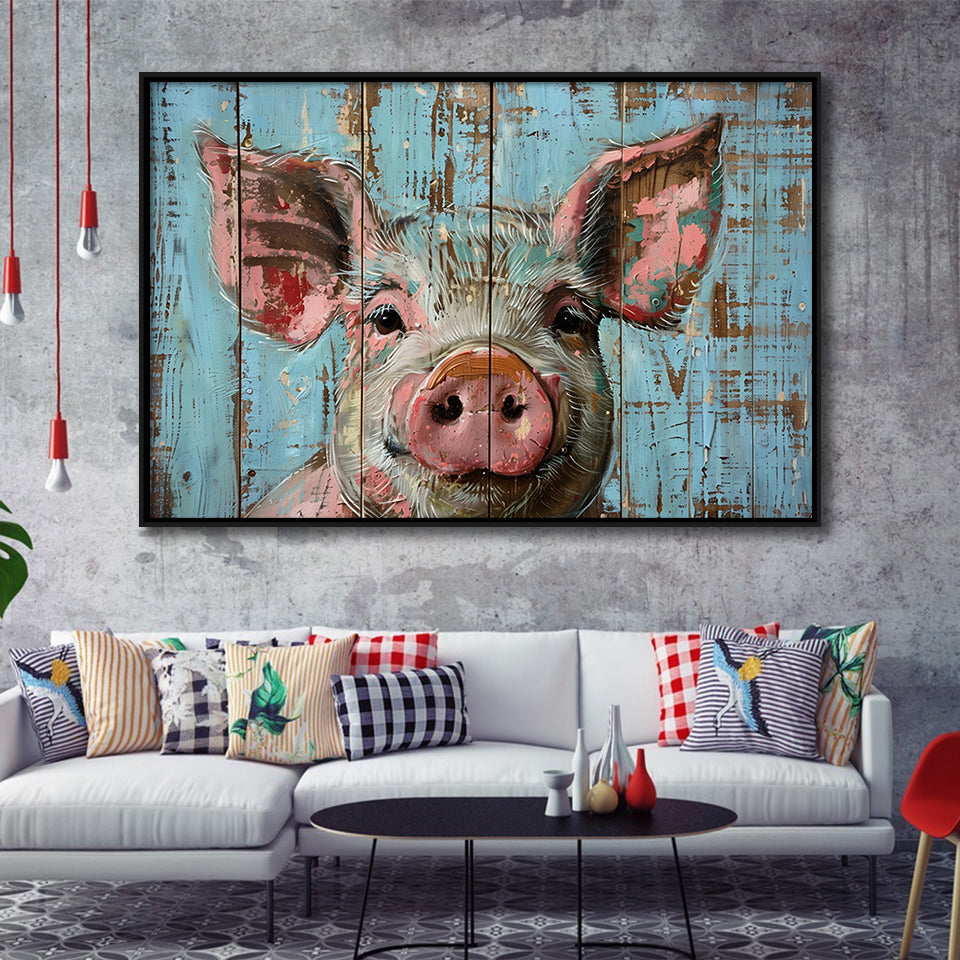 Pig Art Painted On Wood, Animal Art, Framed Canvas Print Wall Art Decor,Floating Frame