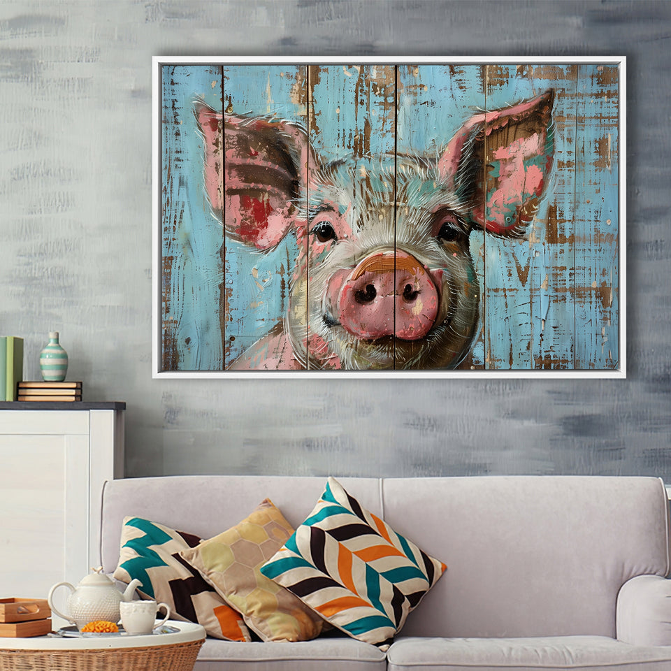 Pig Art Painted On Wood, Animal Art, Framed Canvas Print Wall Art Decor,Floating Frame