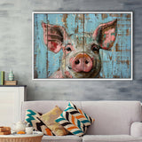 Pig Art Painted On Wood, Animal Art, Framed Canvas Print Wall Art Decor,Floating Frame
