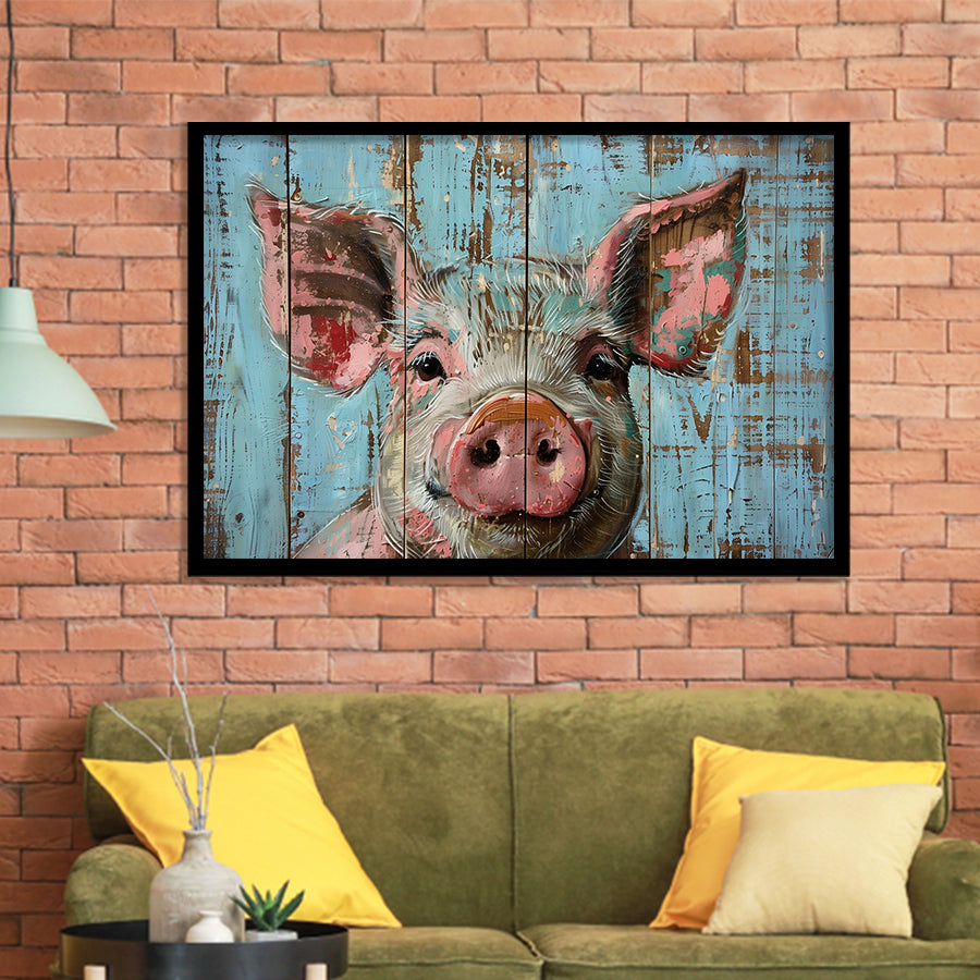 Pig Art Painted On Wood, Animal Art, Framed Art Print Wall Decor, Framed Picture