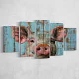 Pig Art Painted On Wood, Animal Art, Multi Panel Canvas Print Wall Art Decor, 5 Mixed Panel