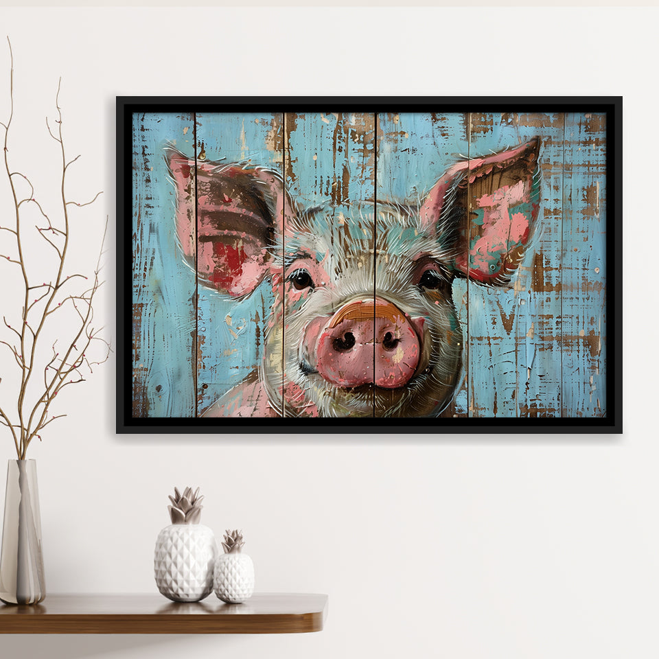 Pig Art Painted On Wood, Animal Art, Framed Canvas Print Wall Art Decor,Floating Frame