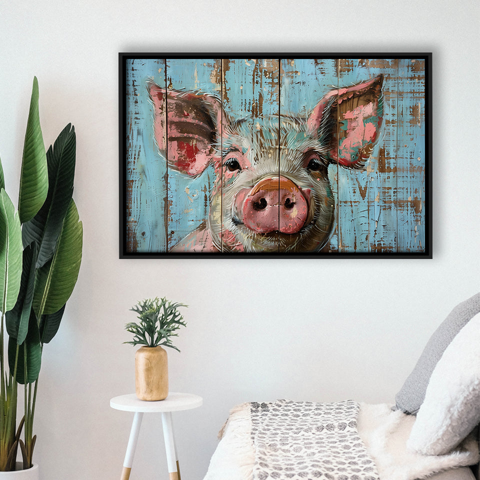 Pig Art Painted On Wood, Animal Art, Framed Canvas Print Wall Art Decor,Floating Frame