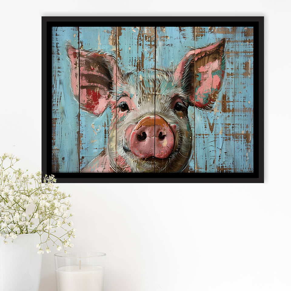 Pig Art Painted On Wood, Animal Art, Framed Canvas Print Wall Art Decor,Floating Frame