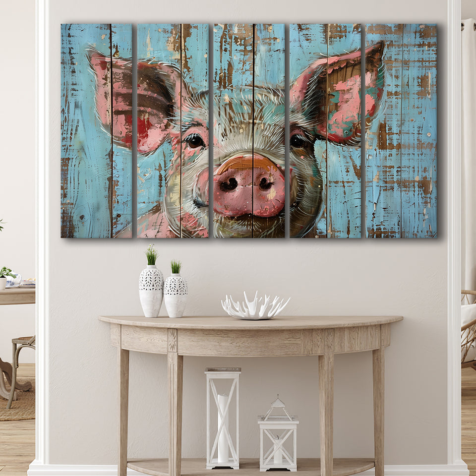 Pig Art Painted On Wood, Animal Art, Extra Large Multi 5 Panel Canvas Print Wall Art Decor