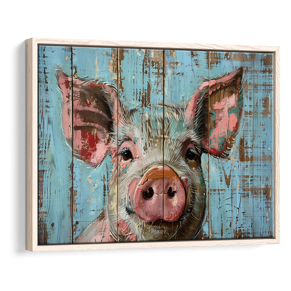 Pig Art Painted On Wood, Animal Art, Framed Canvas Print Wall Art Decor,Floating Frame