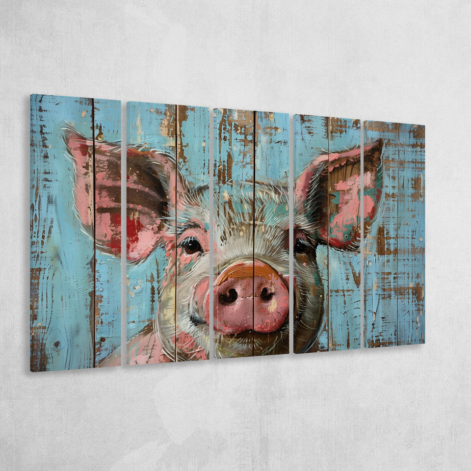Pig Art Painted On Wood, Animal Art, Extra Large Multi 5 Panel Canvas Print Wall Art Decor