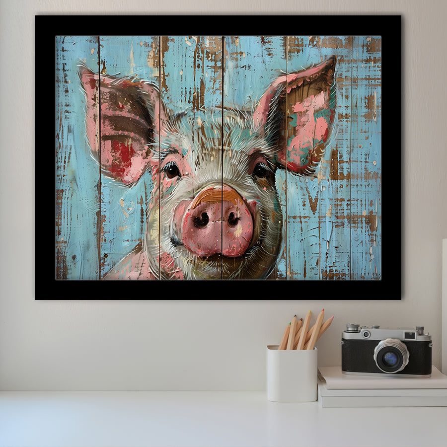 Pig Art Painted On Wood, Animal Art, Framed Art Print Wall Decor, Framed Picture