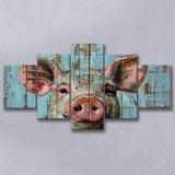 Pig Art Painted On Wood, Animal Art, Multi Panel Canvas Print Wall Art Decor, 5 Mixed Panel