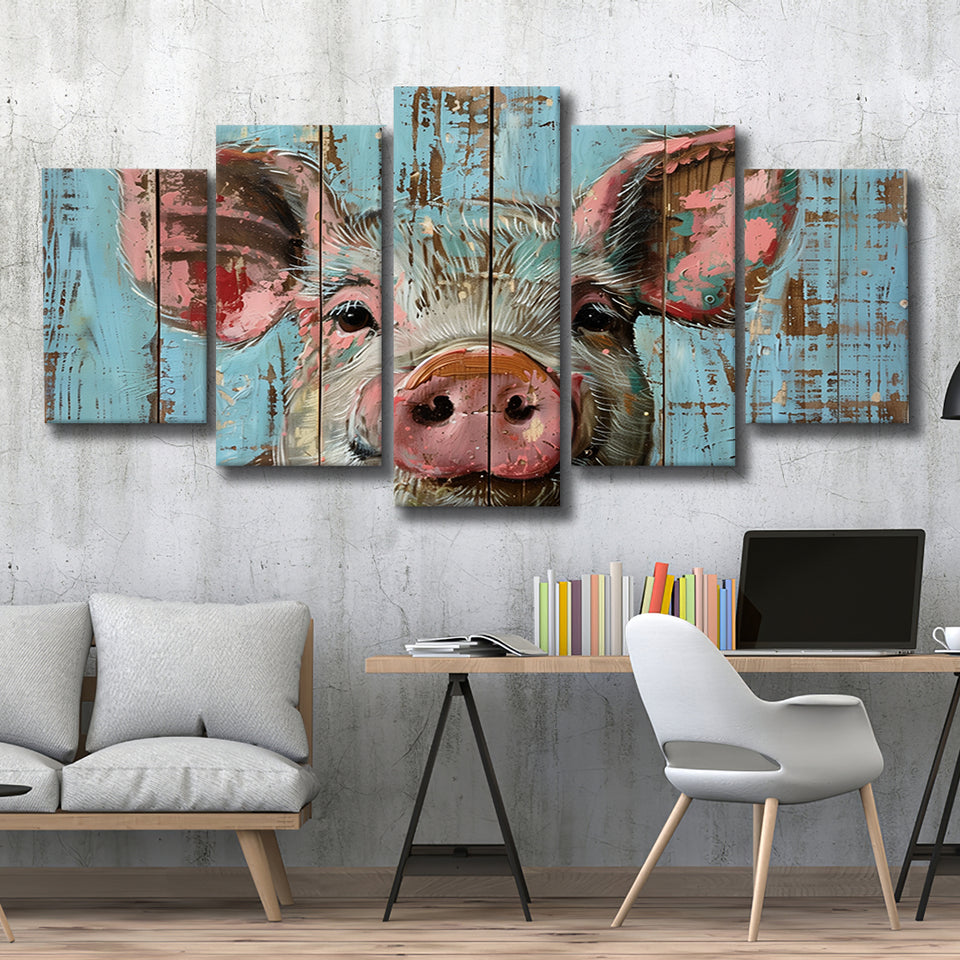Pig Art Painted On Wood, Animal Art, Multi Panel Canvas Print Wall Art Decor, 5 Mixed Panel