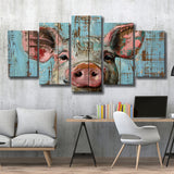 Pig Art Painted On Wood, Animal Art, Multi Panel Canvas Print Wall Art Decor, 5 Mixed Panel