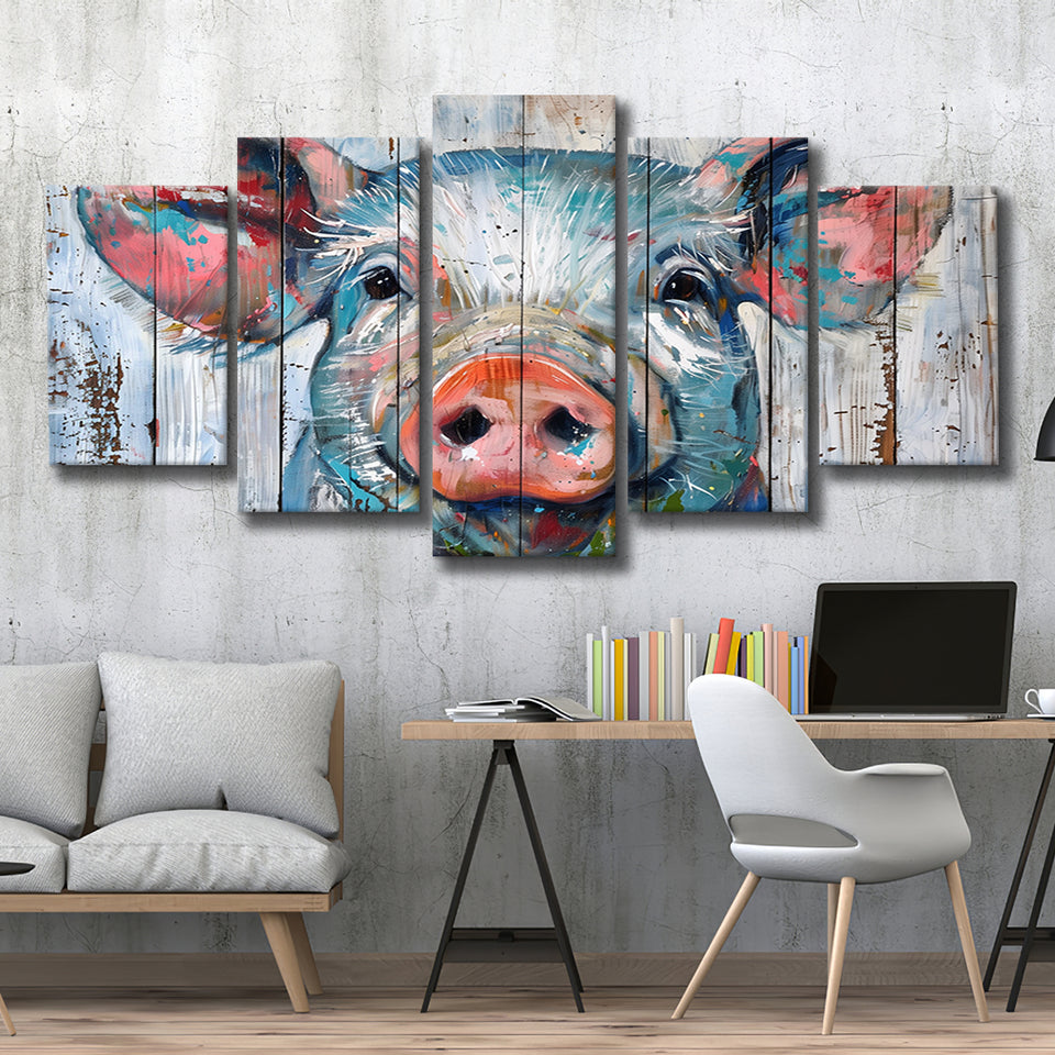 Pig Look Straight Painted On Wood, Multi Panel Canvas Print Wall Art Decor, 5 Mixed Panel