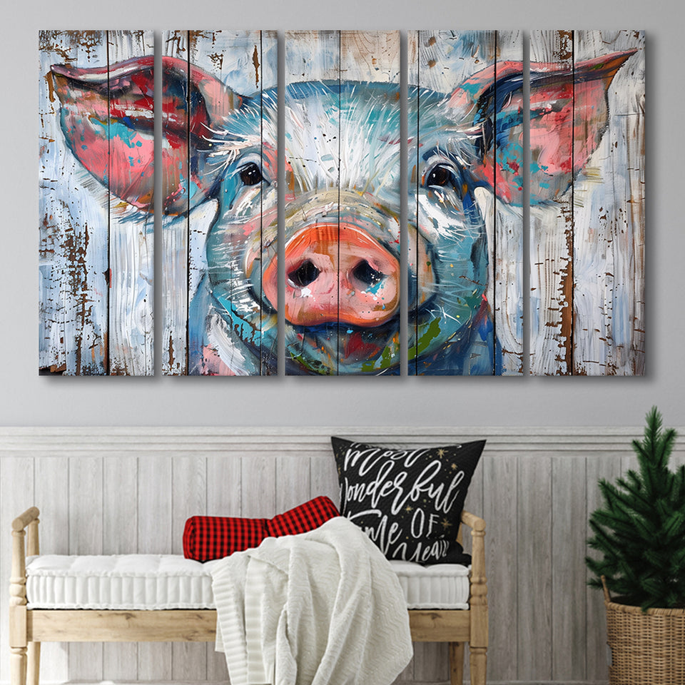 Pig Look Straight Painted On Wood, Extra Large Multi 5 Panel Canvas Print Wall Art Decor