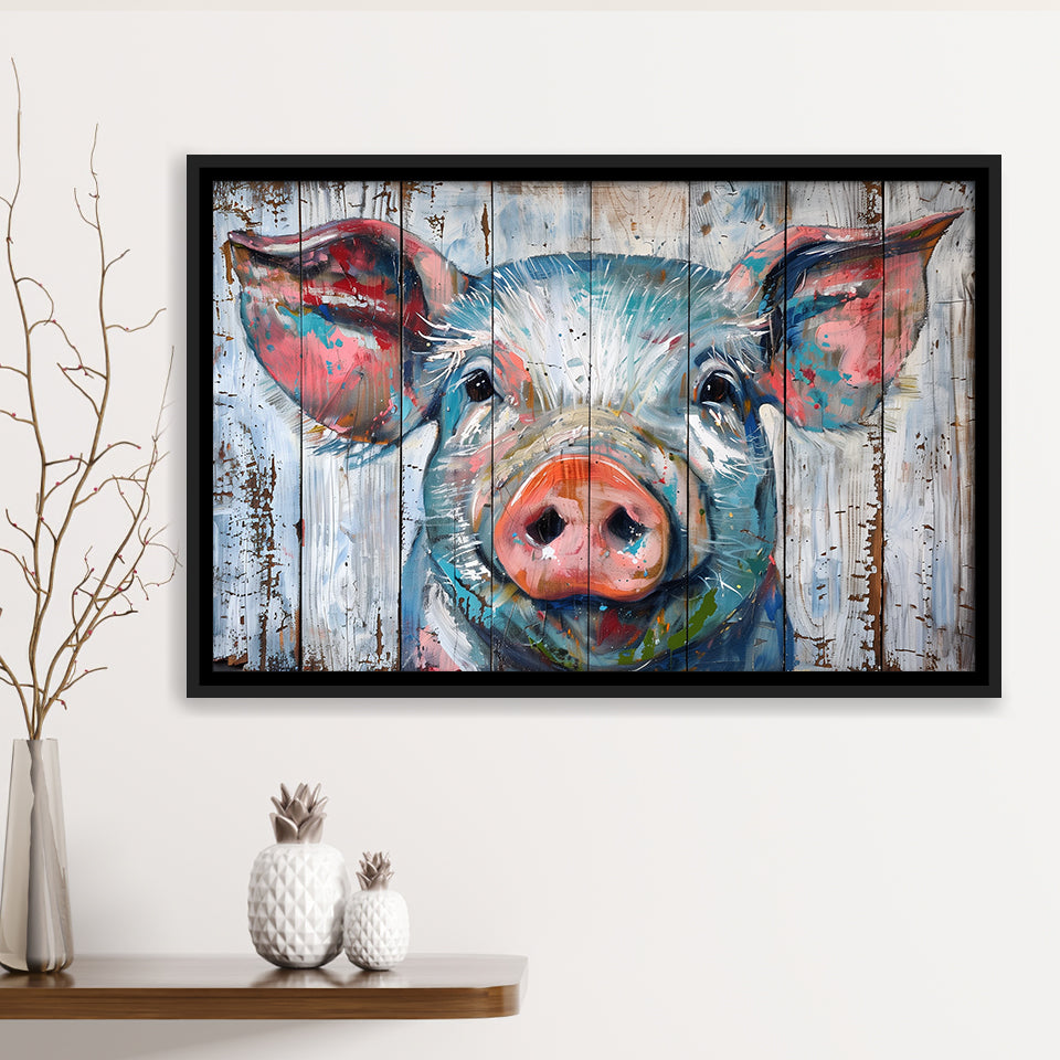 Pig Look Straight Painted On Wood, Framed Canvas Print Wall Art Decor,Floating Frame