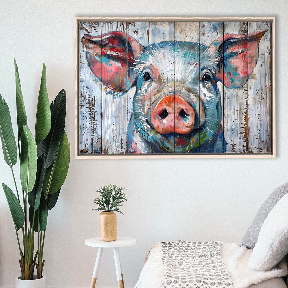 Pig Look Straight Painted On Wood, Framed Canvas Print Wall Art Decor,Floating Frame