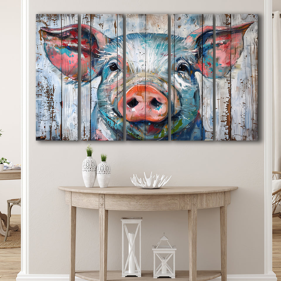 Pig Look Straight Painted On Wood, Extra Large Multi 5 Panel Canvas Print Wall Art Decor