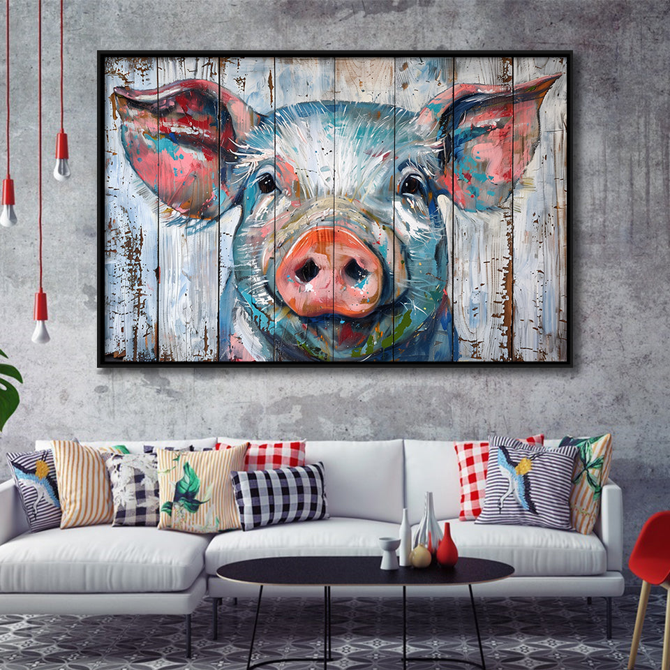 Pig Look Straight Painted On Wood, Framed Canvas Print Wall Art Decor,Floating Frame