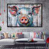 Pig Look Straight Painted On Wood, Framed Canvas Print Wall Art Decor,Floating Frame
