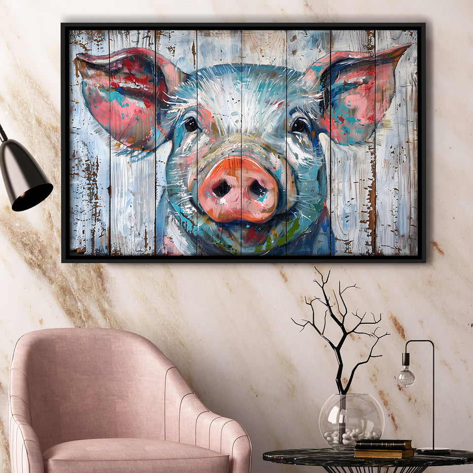 Pig Look Straight Painted On Wood, Framed Canvas Print Wall Art Decor,Floating Frame