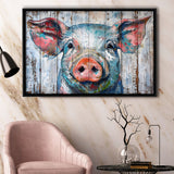 Pig Look Straight Painted On Wood, Framed Canvas Print Wall Art Decor,Floating Frame