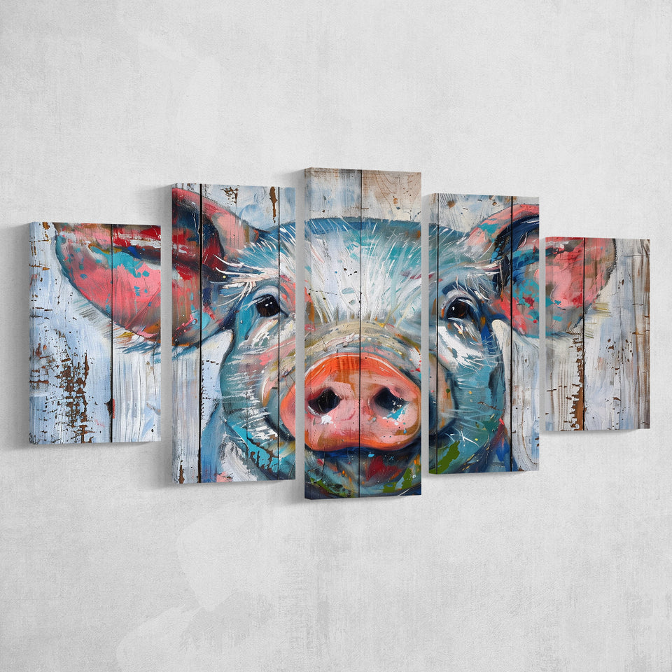 Pig Look Straight Painted On Wood, Multi Panel Canvas Print Wall Art Decor, 5 Mixed Panel