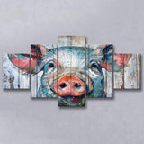 Pig Look Straight Painted On Wood, Multi Panel Canvas Print Wall Art Decor, 5 Mixed Panel