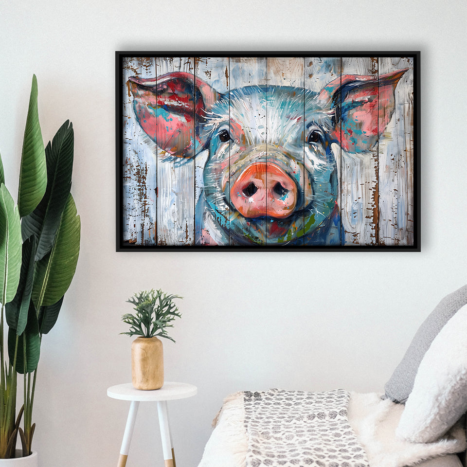 Pig Look Straight Painted On Wood, Framed Canvas Print Wall Art Decor,Floating Frame